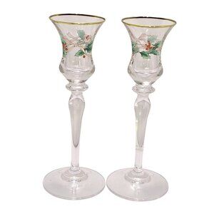 2 Mikasa Ribbon Holly Candlestick Holder 7.75" Christmas Holiday vtg 90s Gold Tr